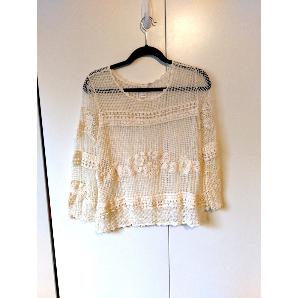 Women's Crochet Embroidered Boho Tunic Top Size S Cottage‎ Coastal Euro Girl